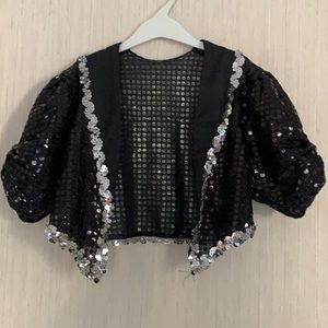 Costume Top Black Silver Sparkly Sequin- Dance outfit Short Puff Sleeve Recital